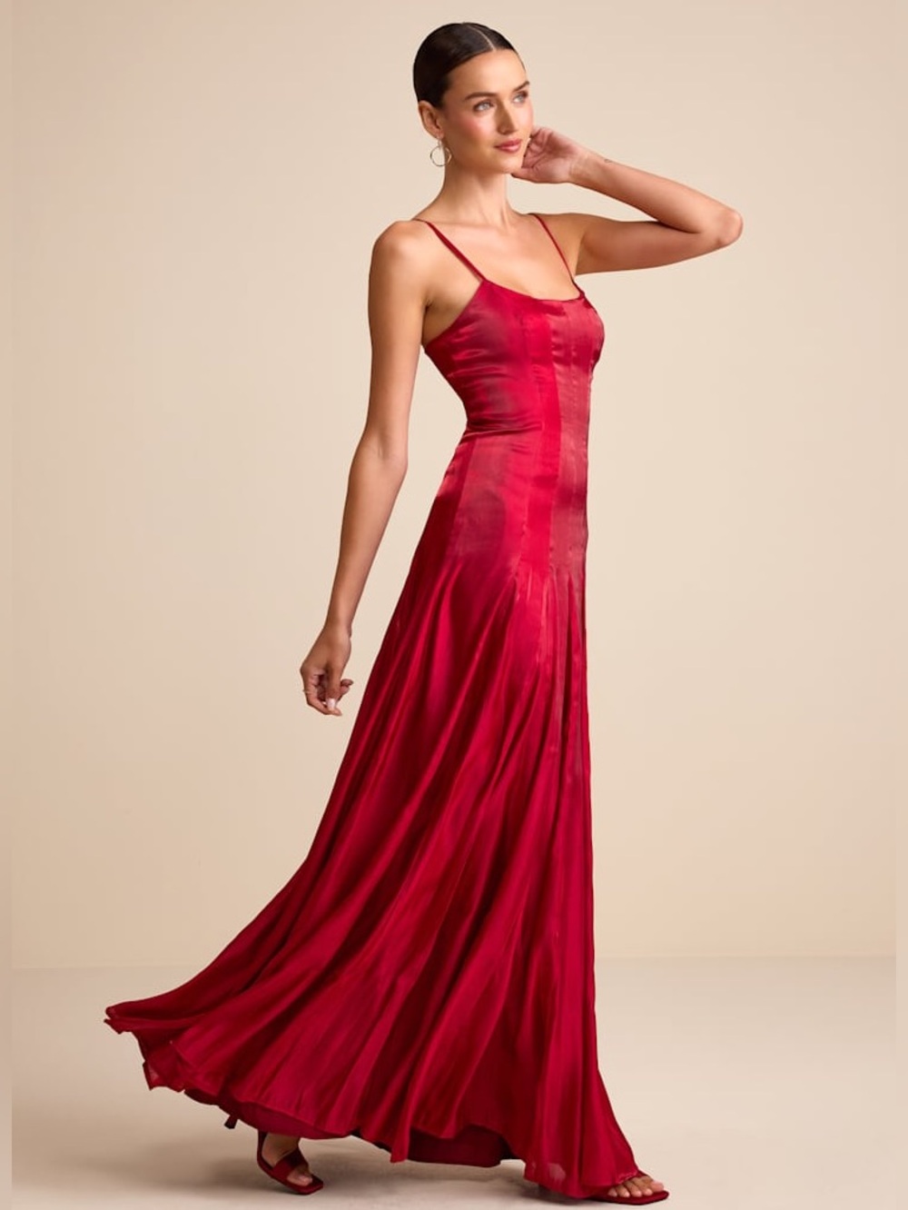LULUS Pleated Satin Organza Drop Waist Cherry Red Y2K Wedding Guest Dress M - Picture 4 of 8